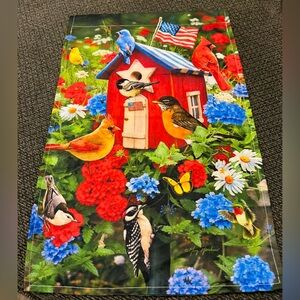 Colorful Birdhouse Garden Flag - Red, Blue, Green, Yellow